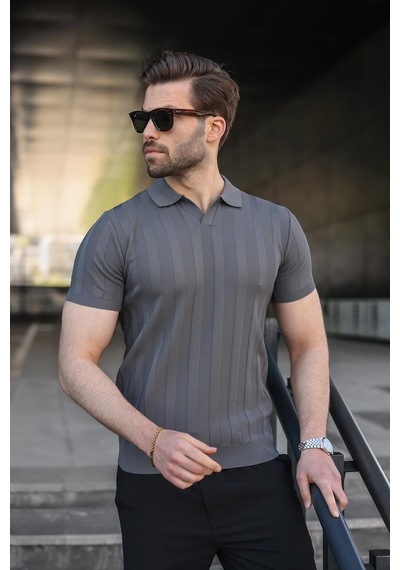 Madmext Antrasit Slim Fit Polo Yaka Triko Erkek Tişört E7491