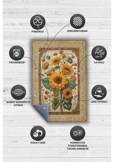 Homshtag Art Deco Ay Çiçeği Vintage Halı Görünümlü Dijital Baskı Çok Renkli Halı,rustik Çiçekli Halı Çok Renkli