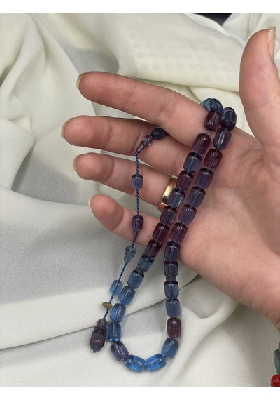 Mehmet Arıcı İmzalı El Boy Kapsül Kesim Mavi-mor Sıkma Kehribar Tesbih 7x10 Mm