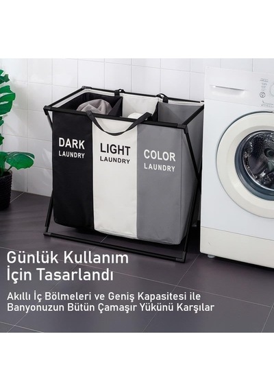 Valkyrie 3 Bölmeli Katlanabilir Çamaşır Sepeti Siyah Beyaz Renk Ayırmalı Çamaşır Organizer Diğer