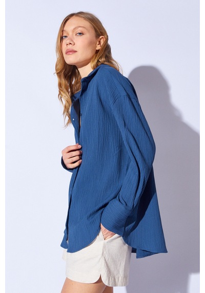 Manche Gofre Oversize Rahat Kesim Kadın Gömlek İndigo Mks161103-01
