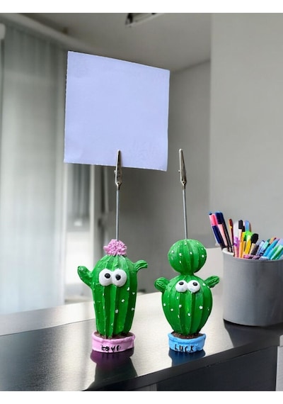 Love Ve Lucky Temalı 2'li Sevimli Kaktüs Fotoğraf Not Tutacağı Ofis Masası Not Tutucu Hediyelik Yeşil