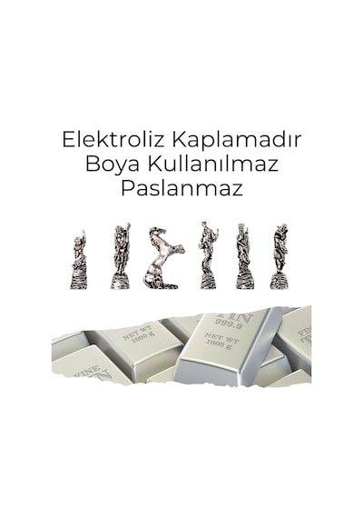Mc97 - Çin Antik Figürlü Metal Taşlar 30x30cm Gerçek Kayın Tahtası - Hediyelik Satranç Takımı