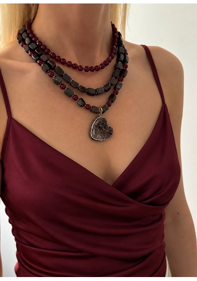 El Yapımı Granat, Jasper & Ametist Doğal Taşlı Kolye Seti Bordo