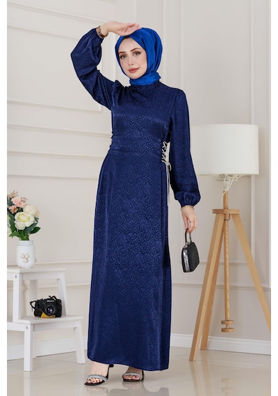 Buse Yanı Bağcıklı Saten Abiye-lacivert-4998