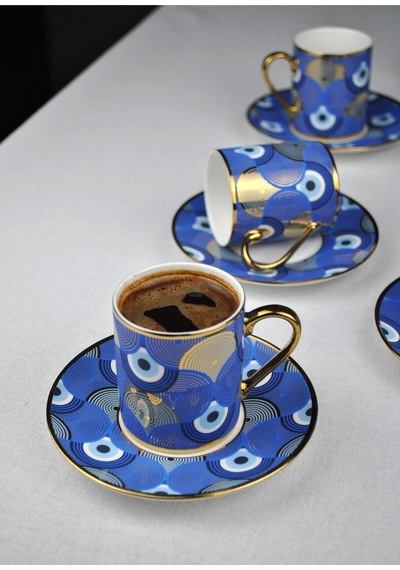6 Kişilik Porselen Nazar Göz Kahve Fincan Takımı Seti 90ml Nazar Boncuğu Lacivert