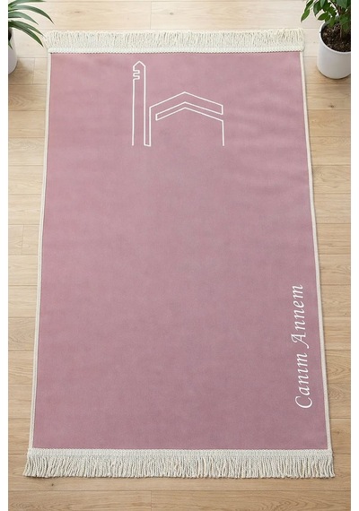 Canım Anneme - Cami Desenli Saçaklı Kadife Seccade - Pembe