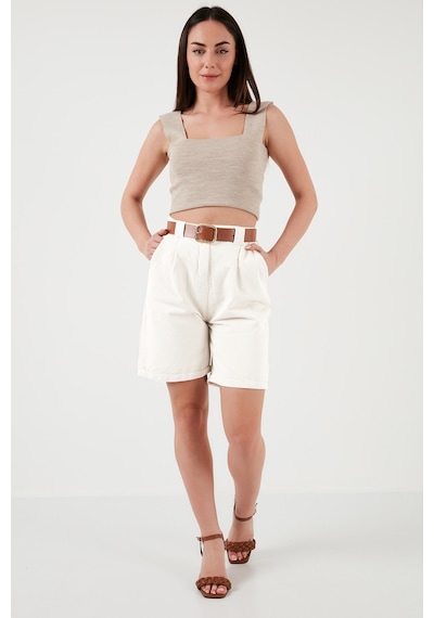Lela Pamuklu Relaxed Fit Yüksel Bel Kemerli Gabardin Short Bayan Şort 668Yp4710 Beyaz