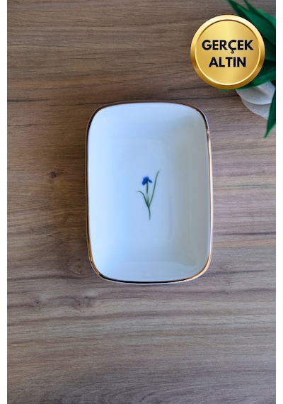 Tabak Evi Porselen Natura İris Altın Yaldızlı Dikdörtgen Kayık Tabak 14x9,8cm Tekli Çok Renkli