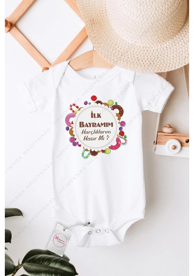 Hediyenza İlk Bayramım Harçlıklarım Hazır mı Özel Tasarım Bebek Zıbın Pamuklu Çıtçıtlı Body Beyaz