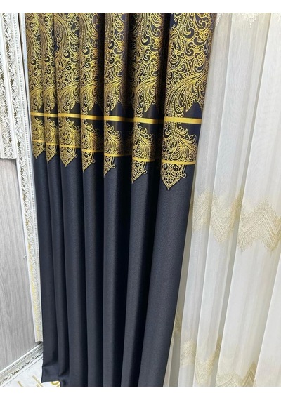 Nivemeshome Milas Lacivert-gold 671539 1/3 Sık Pileli Fon Perde Apm Lacivert-gold