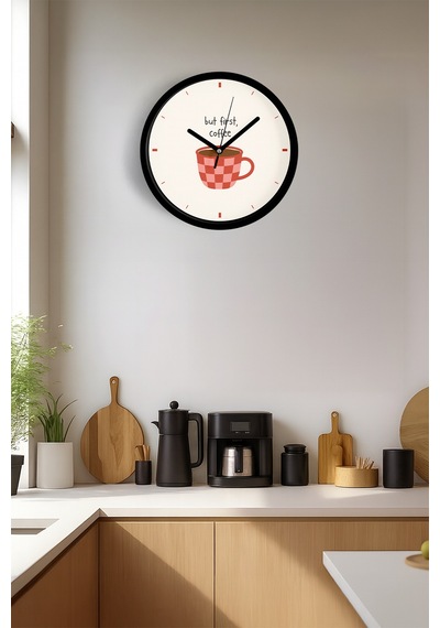 Modern Yazılı Tasarım - '' But First, Coffee '' Mutfak Duvar Saati - 25cm - Önü Camlı Siyah Kasa-jh0646 Siyah