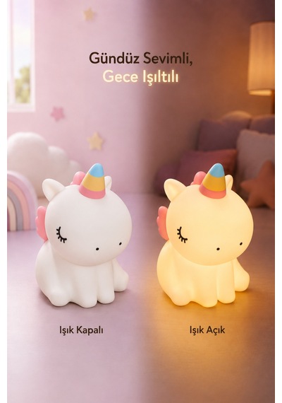 Unipo - Unicorn Figürlü Şarjlı Silikon Gece Lambası 3 Kademe Dokunmatik Usb-c Çok Renkli Çok Renkli