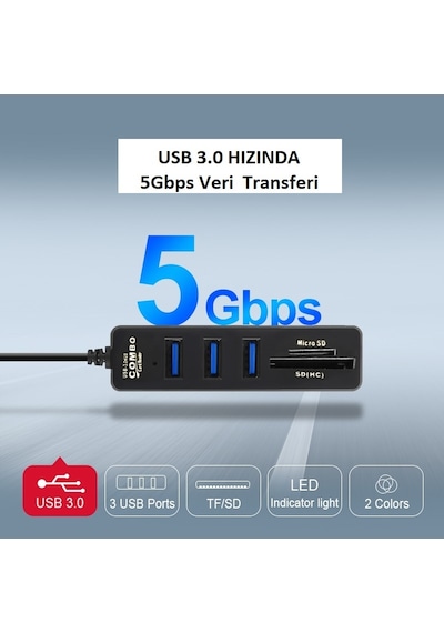 TriLine Combo 3 Port USB3.0  Hub Tf Sd Kart Okuyucu
