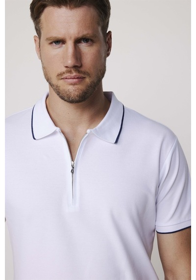 Tudors Erkek Polo Yaka Slim Fit Pamuk Fermuarlı Pike Beyaz Tişört-27688-Beyaz