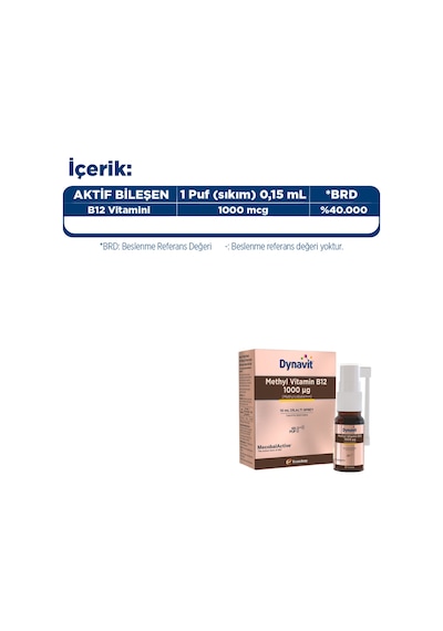 Dynavit Vitamin B12 1000mcg 10ml Dilaltı Sprey- Aile Boyu B12 Vitamini - Methylcobalamin Hafıza & Enerji