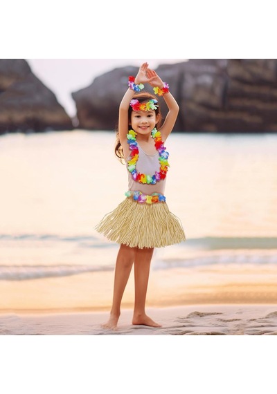 Yetişkin Çocuk Hawaii Parti Seti - 40 Cm Naturel Etek + Çiçek Aksesuarlar 5 Parça 5691 "