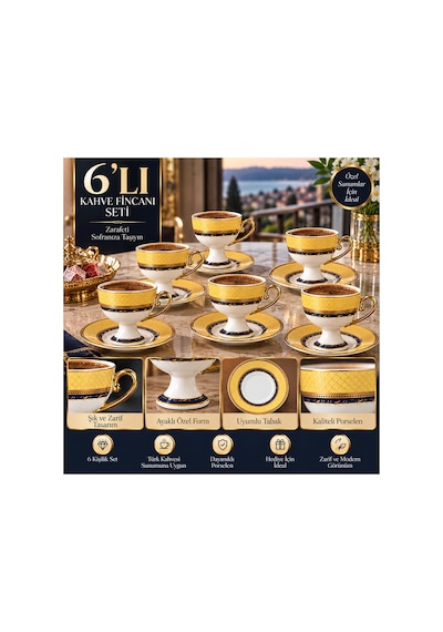 6 Lı Ayaklı Porselen Kahve Fincanı Takımı Sarı Lacivert Gold Detaylı Şık Sunum Seti Sarı