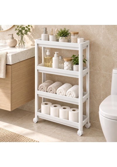 Slim 4 Katlı Tekerlekli Raf Ünitesi, Dar Alan Mutfak Ve Banyo Düzenleyici, 54 X 18 X 100 Cm, Beyaz