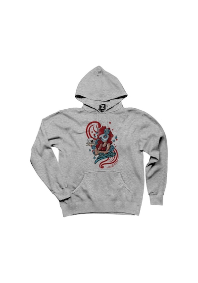 Model Girl With Red Tatto Cartoon Gri Kapşonlu Sweatshirt Hoodie Gri