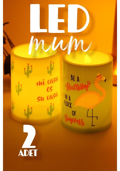 2li Led Mum Kaktüs Flamingo Bardak Tipi Pilli Dumansız Alevli Dekoratif Yapay Mum Dekor Lambası