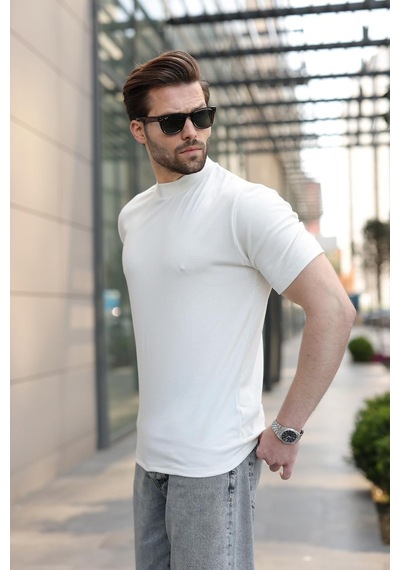 Madmext Ekru Bisiklet Yaka Basic Erkek T-shirt E7113