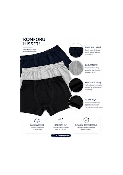 Westicgiyim Erkek Çocuk Boxer 3 Lü Paket Pamuklu Esnek Bel Rahat Kalıp Lacivert Gri Siyah Çocuk İç Giyim Çok Renkli