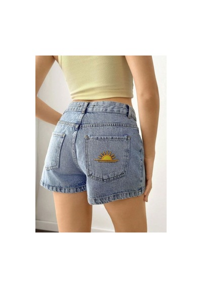 Kene Jeans Arka Tek Cep Nakışlı Kısa/mini Buz Kar Denim Şort Mavi