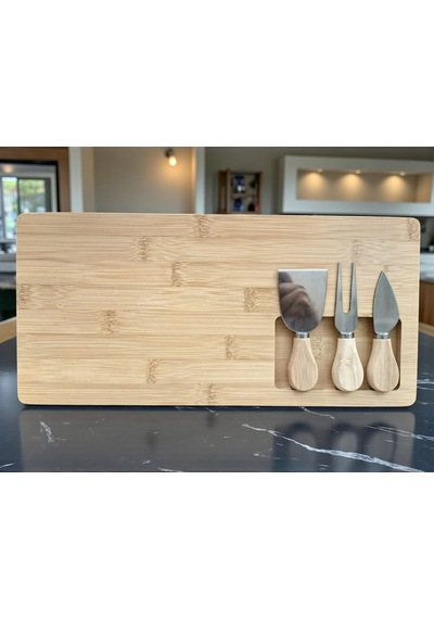 Doğal Bambu Bıçaklı Peynir Servis Sunum Tabağı Kahvaltı Sunum Tahtası Seti 4 Parça 38x18 Cm Kahverengi