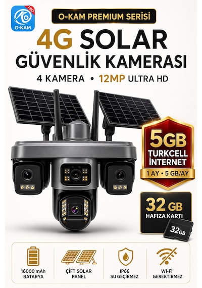 O-kam Ok335set5 12mp 4 Kameralı 4g Çift Solar Panel Gece Görüş 5gb Turkcell +32gb Hafıza