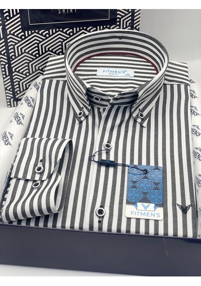 Slim Fit Uzun Kol Likralı Çizgili Yaka Düğmeli Hediye Kutulu Erkek Gömlek Fs-003669 - Koyu Gri-2435