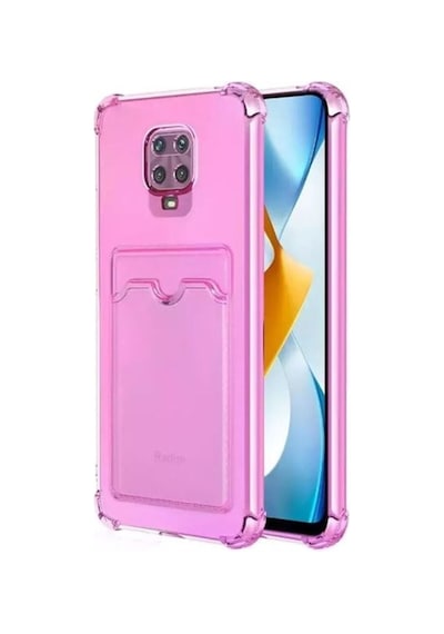 Xiaomi Redmi Note 9 Pro Kılıf Kartlıklı Darbe Korumalı Silikon + Ekran Koruyucu Pembe