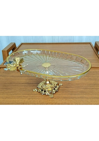 Alfafe Home Lüx Hediyelik Metal Ayaklı Gold Oval Kelebekli Sunumluk Kurabiyelik - Yeni Serisi Beyaz