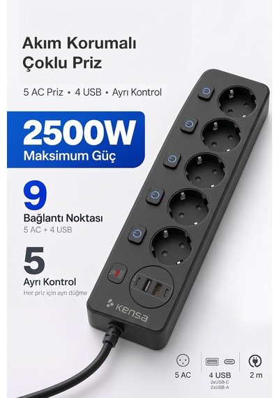 Akım Korumalı Priz 5'li + 2x Usb-a + 2x Usb-c 2 Metre Kablo 0 - 2 M