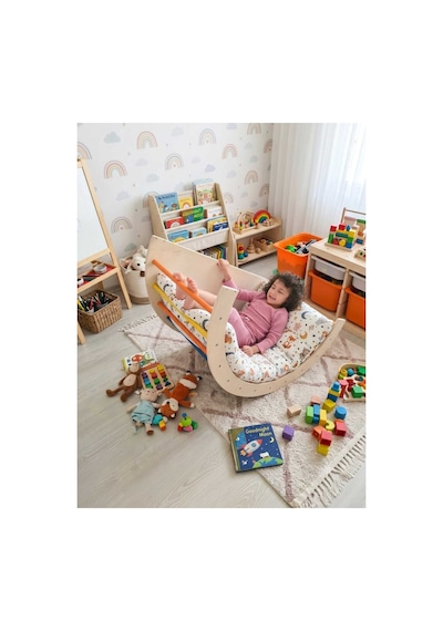 Montessori Pikler Arch Ahşap Tırmanma Köprüsü Ve Sallanan Koltuk - Doğal Ahşap Montessori Oyuncak - Renkli