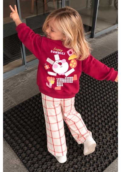 Monila Kız Çocuk Bordo Tavşan Baskılı Pamuklu Sweatshirt Ve Kareli Kanvas Pantolonlu Alt Üst Takım