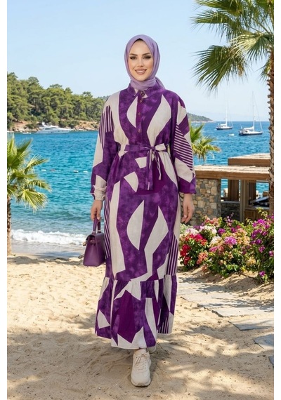 Hb Harma Time Butik Kadın Kuşaklı Viskon Kumaş Tesettür Mor Elbise