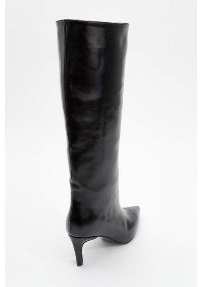 Luvishoes Luvi Shoes Camila Siyah Cilt Kadın Topuklu Çizme Siyah Mat