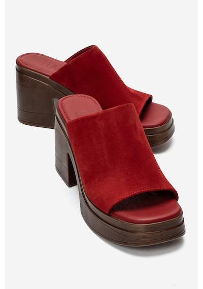 Luvi Shoes Nola Kırmızı Süet Hakiki Deri Kadın Platform Topuklu Terlik