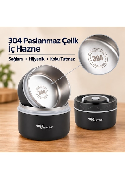 Valkyrie 2 Katlı Taraftar 304 Paslanmaz Çelik Yemek Termosu 420+550 Ml Isı Yalıtımlı Çantalı Siyah