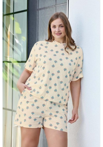 Aydoğan Kadın Dondurma Desenli Büyük Beden %100 Pamuk Şort Pijama Takımı Vizon - Ten Rengi Aydoğan Kadın Dondurma Desenli Büyük Beden %100 Pamuk Şort Pijama Takımı Vizon - Ten Rengi