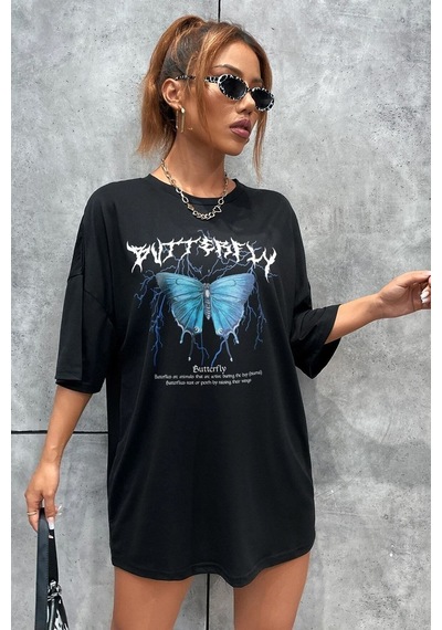 Flood Of Style Unisex Blue Butterfly Baskılı T-shirt Siyah