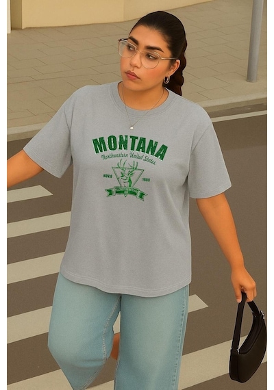 Büyük Beden Montana Baskılı Unisex Tişört Gri