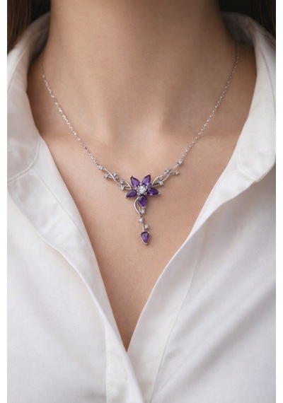 Çekirdekjewelry 925 Ayar Gümüş Mortaşli Taşlı Sarmaşık Kolye Rodyum