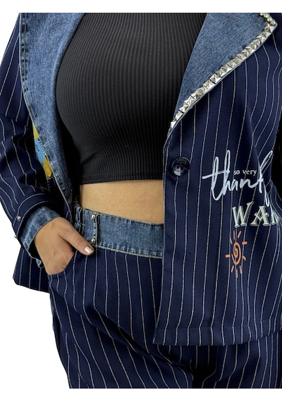 Büyük Beden Taş Boncuk İşlemeli Çizgili Denim Detaylı Beli Lastikli İkili Kadın Ceket Takım Lacivert Büyük Beden Taş Boncuk İşlemeli Çizgili Denim Detaylı Beli Lastikli İkili Kadın Ceket Takım Lacivert