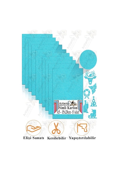 Simli Karton A5 15x20 Cm 5 Li 1 Paket Simli Fon Kartonu Parıltılı Kağıt Anasınıfı Kreş Etkinlik Proje Dekoratif Açık Mavi