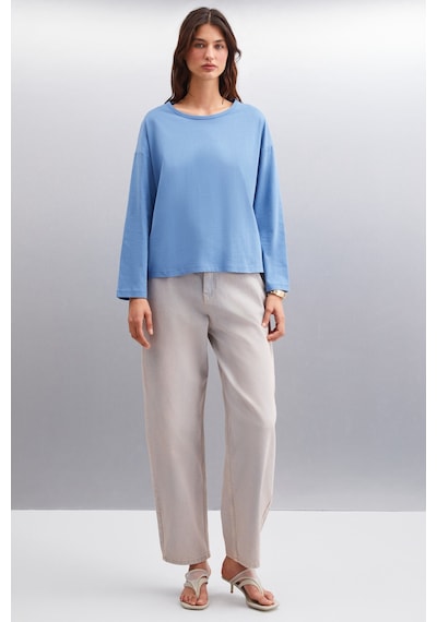 Grımelange Basıl Kadın Sırt Baskı Detaylı Oversize %100 Organik Pamuk Örme Uzun Kol Indigo T-shirt