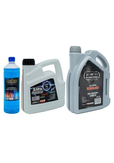 Power Ten 10W-40 Motor Yağı 4 L + Kırmızı Antifriz 3 L + Cam Suyu