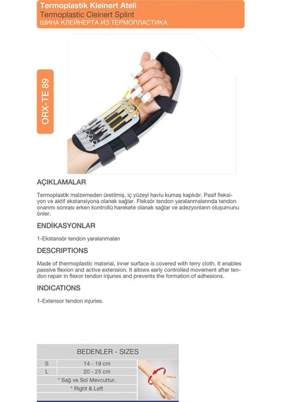 Termoplastik Kleinert Ateli Tendon Rehabilitasyon Sol Orx -te89 Sol - L