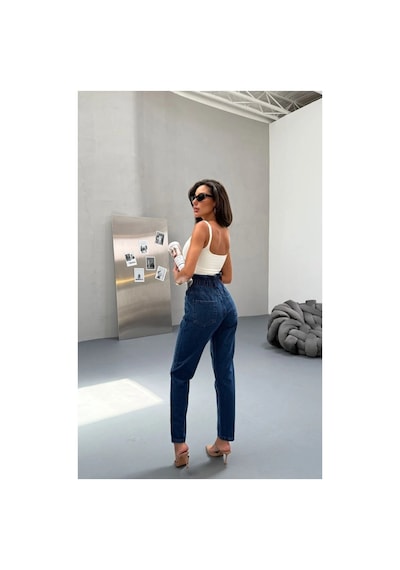 Kene Jeans Yüksek Bel Lacivert Çift Düğme Kemer Büzgülü Mom Jeans Lacivert